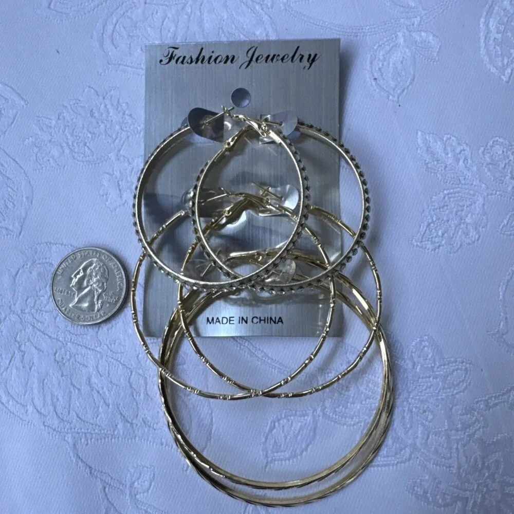3 Sets Goldetone CZ Hoop 2 2.5 3 Inch Itched Lightweight Earrings NEW